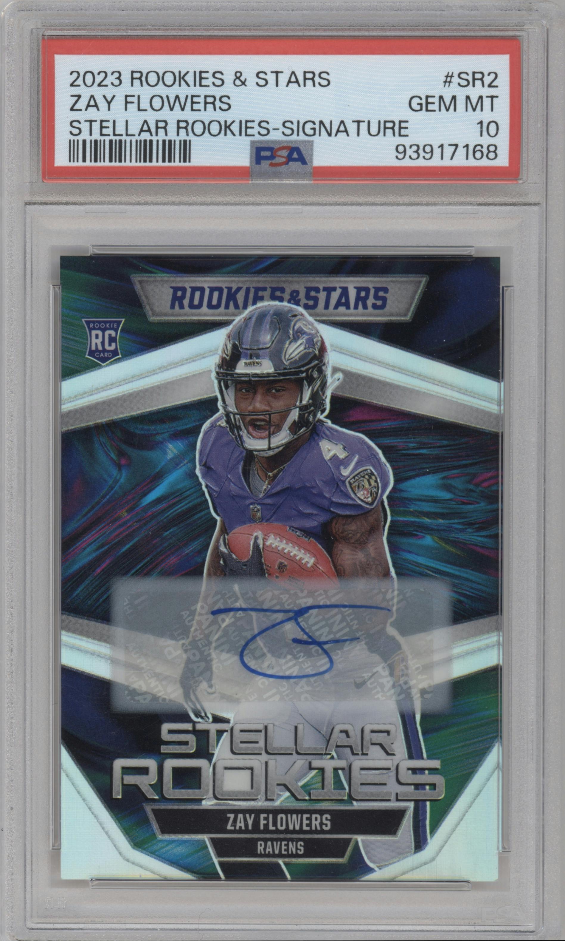 Zay Flowers from the 2023 Panini Rookies & Stars set graded by PSA and given an overall grade of 10.