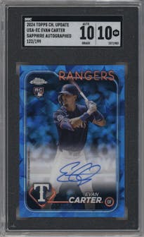 Evan Carter from the 2024 Topps Chrome Update Sapphire Edition set graded by SGC and given an overall grade of 10.