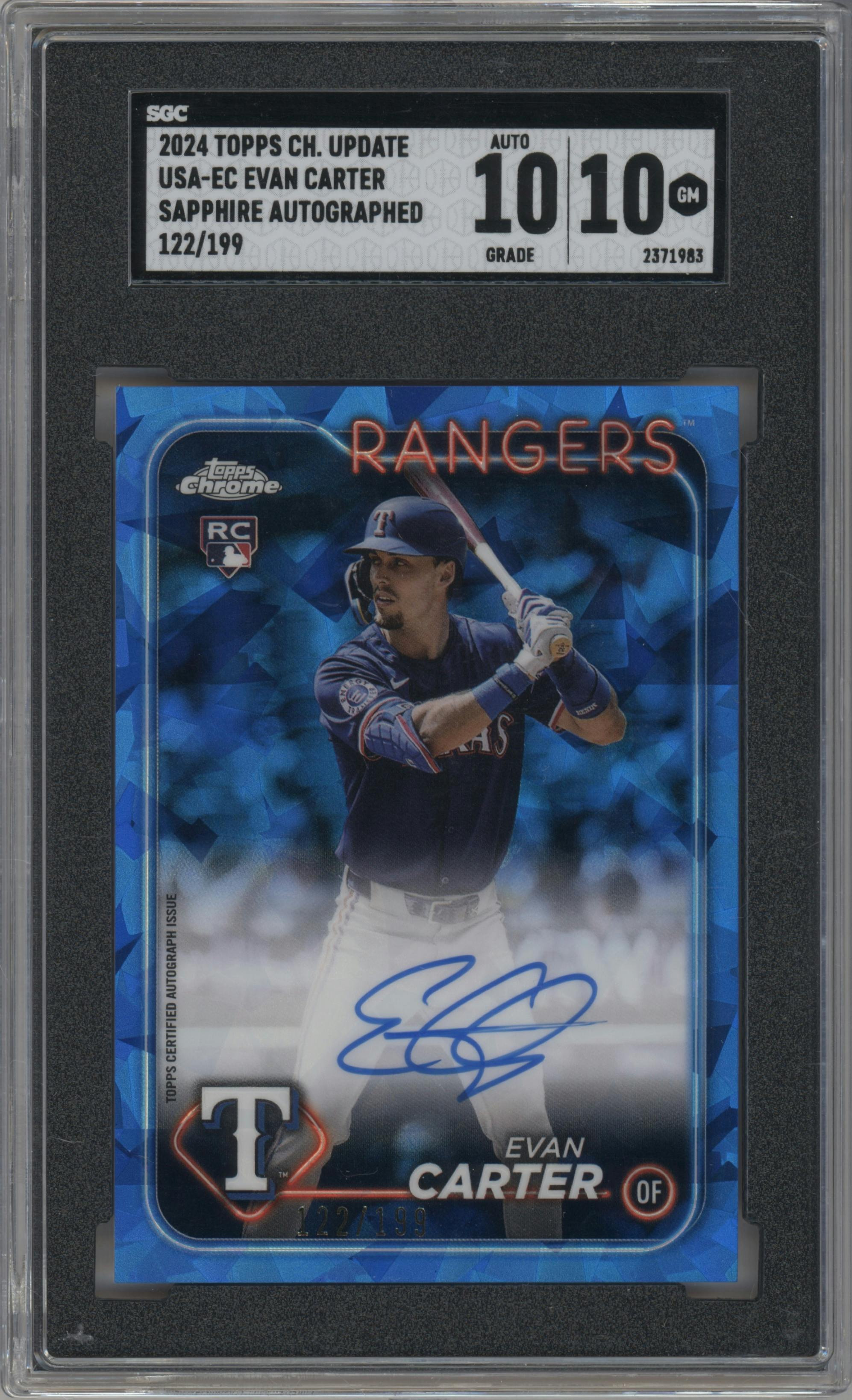 Evan Carter from the 2024 Topps Chrome Update Sapphire Edition set graded by SGC and given an overall grade of 10.