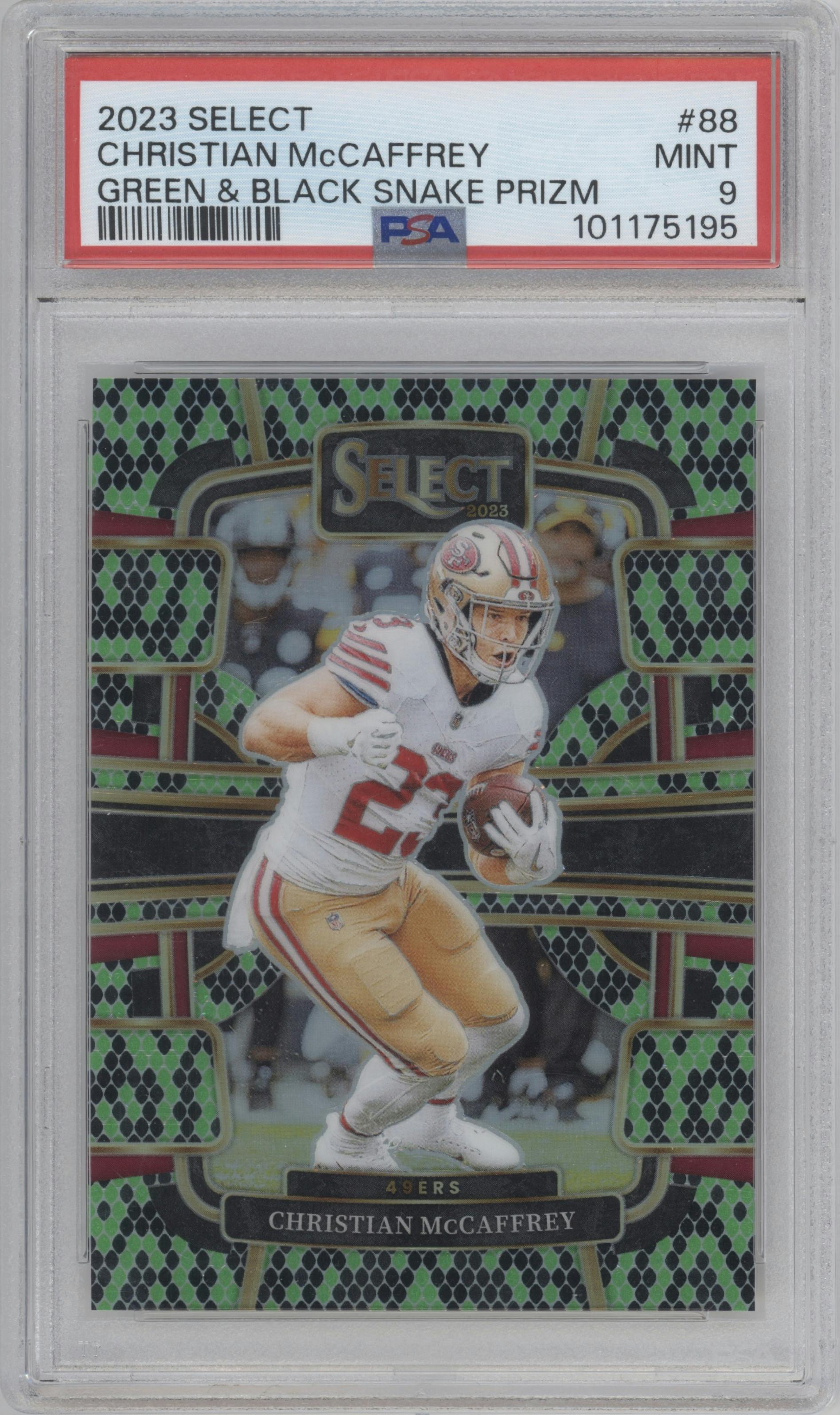 Christian McCaffrey from the 2023 Panini Select set featuring a Green and Black Snakeskin parallel graded by PSA and given an overall grade of 9.