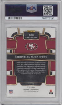 Christian McCaffrey from the 2023 Panini Select set featuring a Green and Black Snakeskin parallel graded by PSA and given an overall grade of 9.