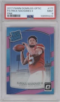 Patrick Mahomes II from the 2017 Panini Donruss Optic set featuring a Pink parallel graded by PSA and given an overall grade of 9.