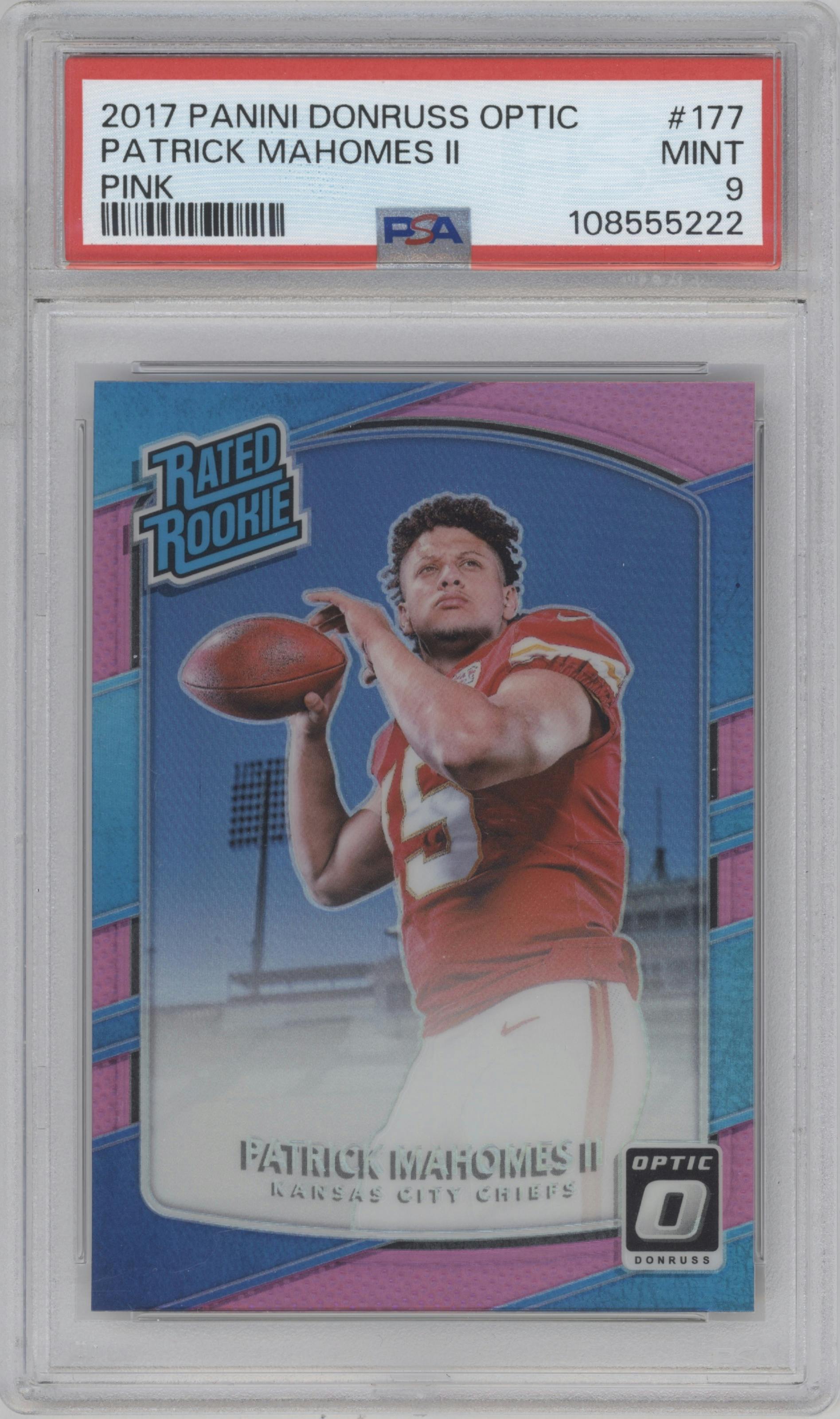 Patrick Mahomes II from the 2017 Panini Donruss Optic set featuring a Pink parallel graded by PSA and given an overall grade of 9.