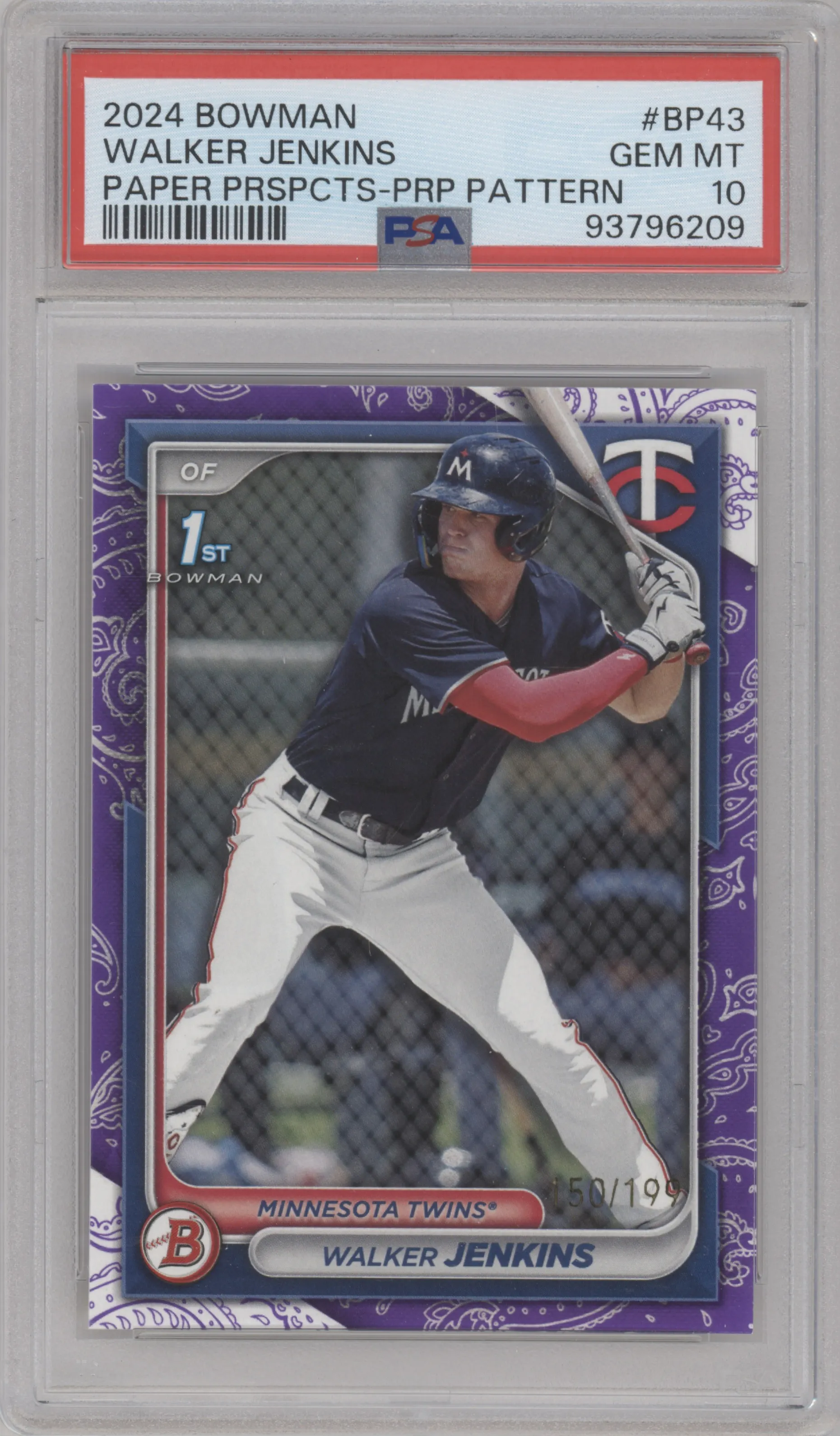 2024 Bowman Prospect Walker Jenkins Purple Pattern #BP-43 PSA 10