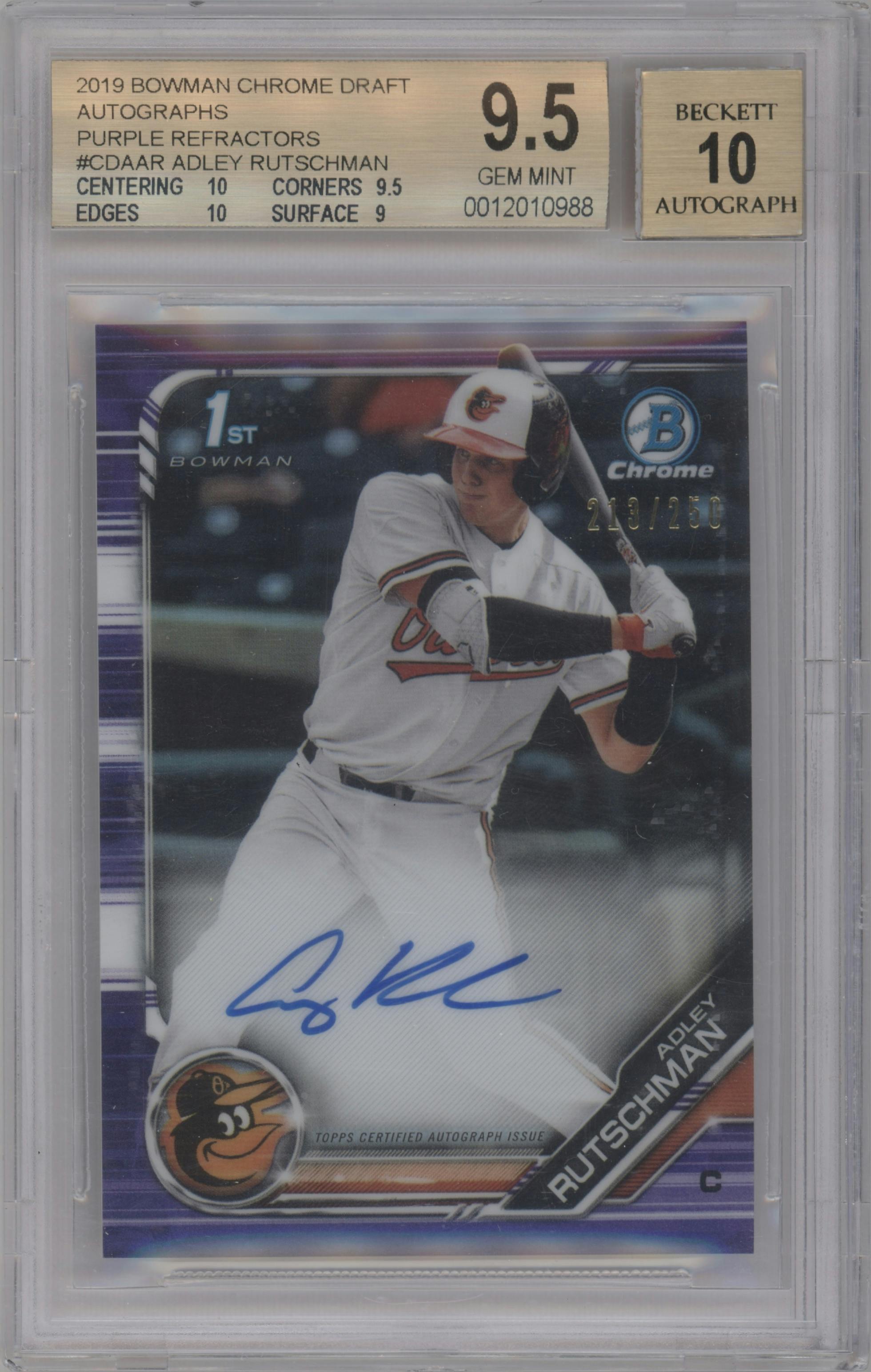 Adley Rutschman from the 2019 Bowman Draft set featuring a Purple Refractor parallel graded by Beckett and given an overall grade of 9.5.