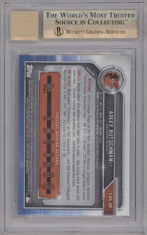 Adley Rutschman from the 2019 Bowman Draft set featuring a Purple Refractor parallel graded by Beckett and given an overall grade of 9.5.