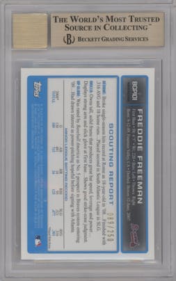 Freddie Freeman from the 2009 Bowman Chrome set featuring a X-Fractor parallel graded by Beckett and given an overall grade of 9.5.