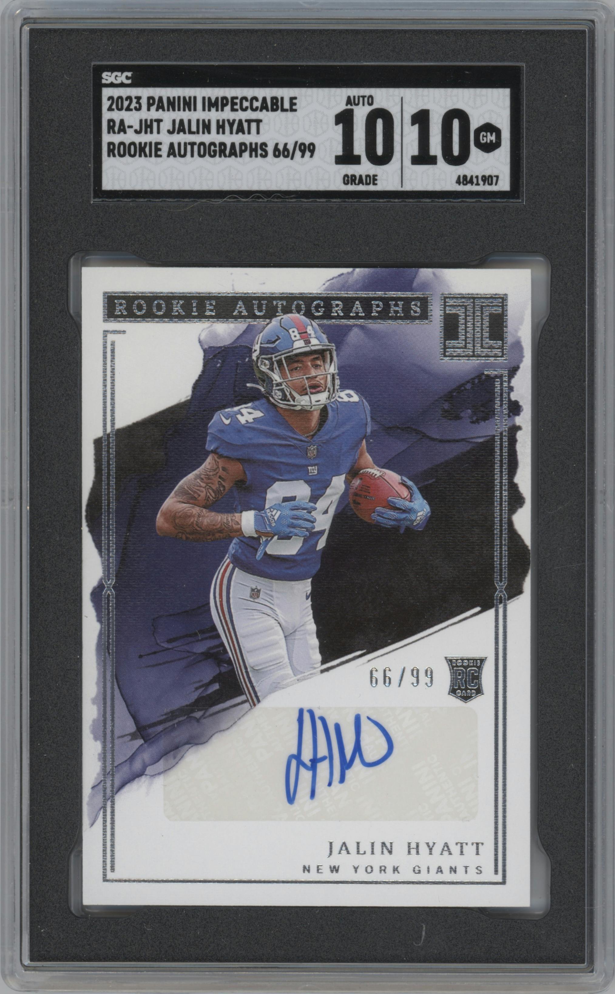 Jalin Hyatt from the 2023 Panini Impeccable set graded by SGC and given an overall grade of 10.