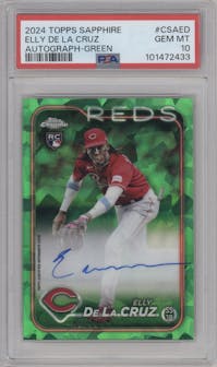 Elly De La Cruz from the 2024 Topps Chrome Sapphire set featuring a Green parallel graded by PSA and given an overall grade of 10.