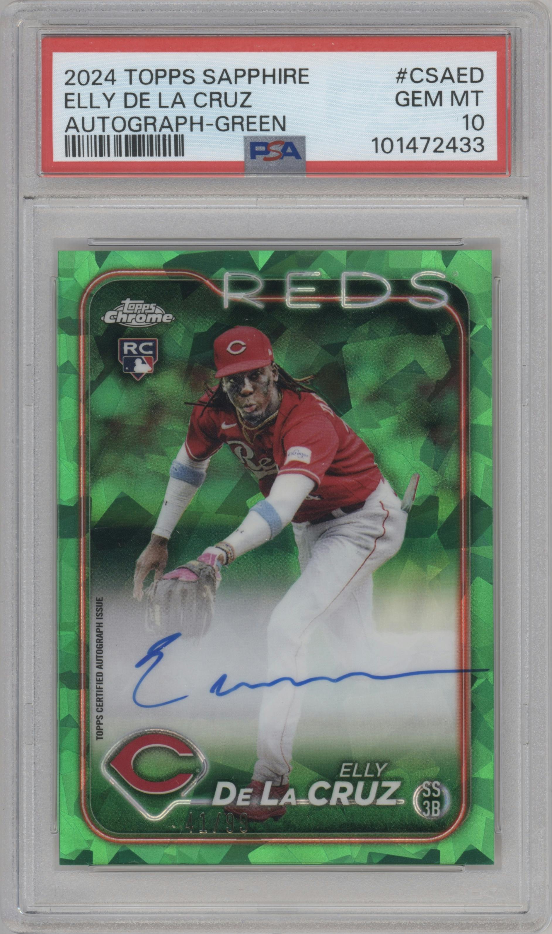 Elly De La Cruz from the 2024 Topps Chrome Sapphire set featuring a Green parallel graded by PSA and given an overall grade of 10.