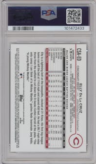 Elly De La Cruz from the 2024 Topps Chrome Sapphire set featuring a Green parallel graded by PSA and given an overall grade of 10.