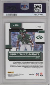 Ahmad "Sauce" Gardner from the 2022 Panini Donruss Optic set featuring a Electricity  parallel graded by PSA and given an overall grade of 10.