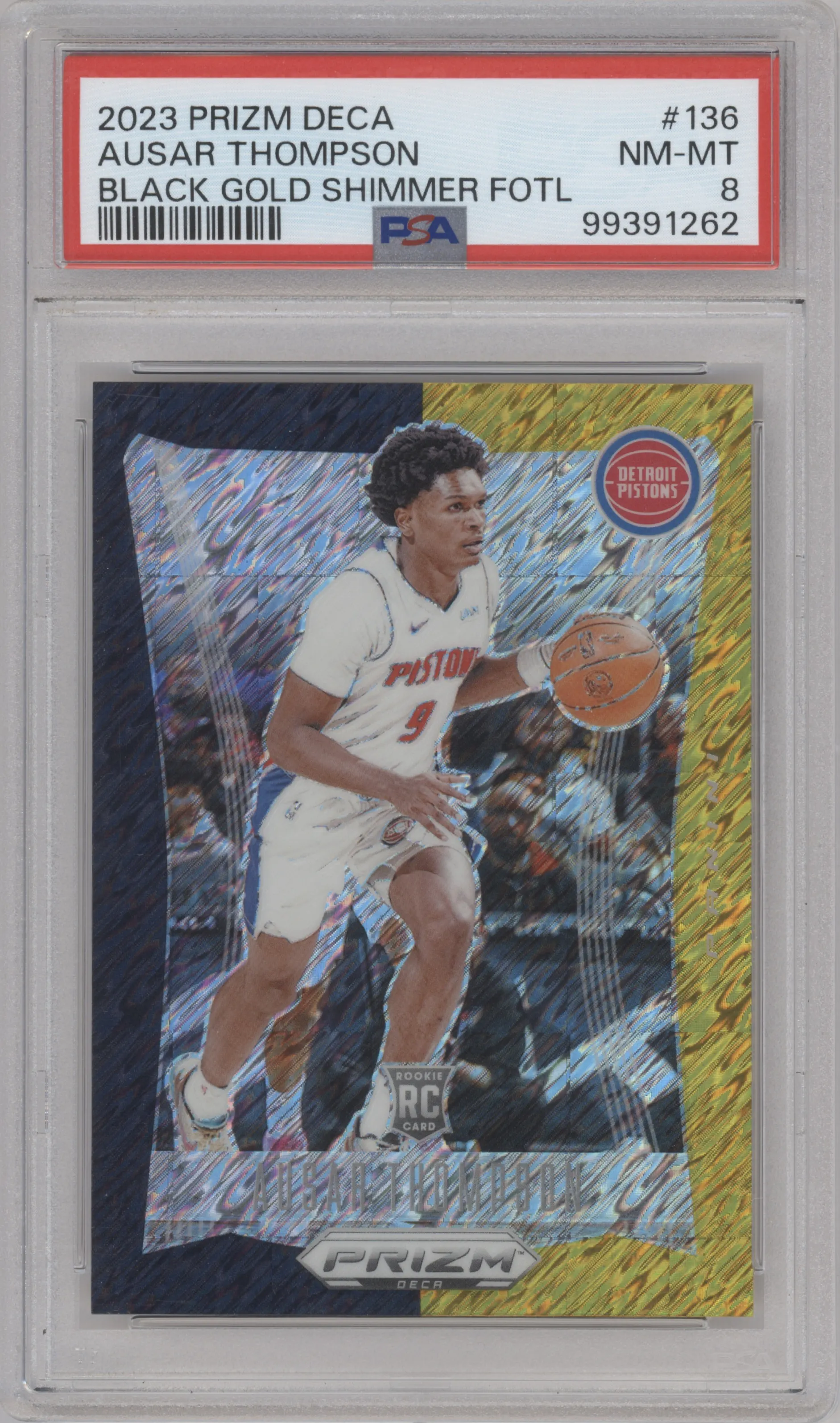 2023 Panini Prizm Deca Ausar Thompson FOTL Black Gold Shimmer Prizm #136 PSA 8