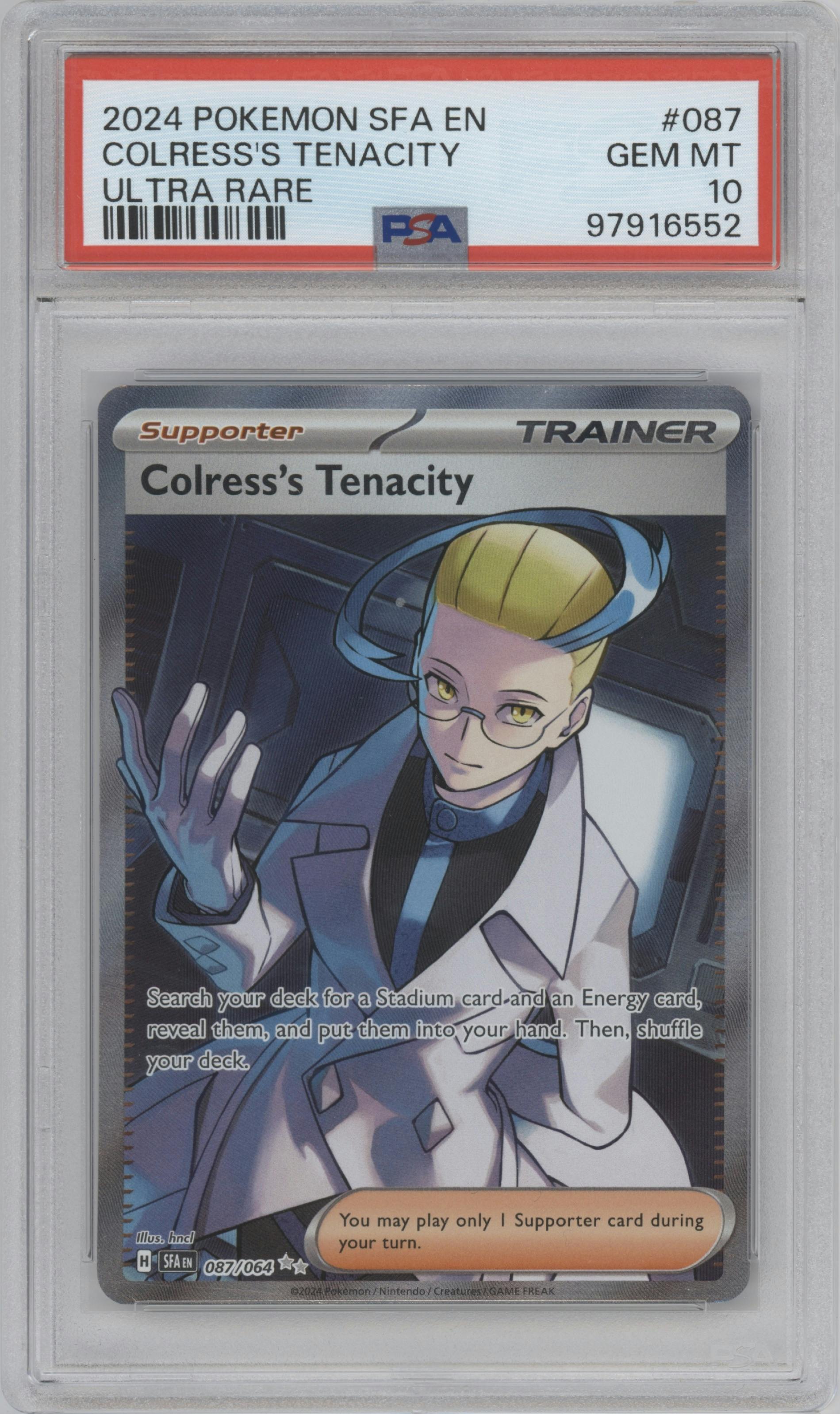 Colress's Tenacity from the 2024 Pokemon SV set graded by PSA and given an overall grade of 10.