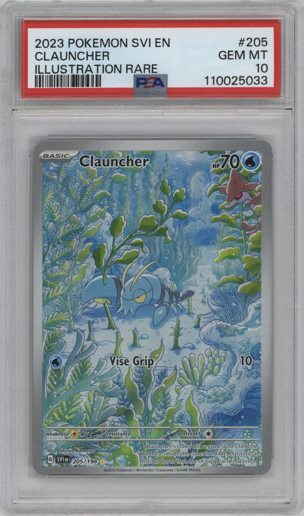 Clauncher from the 2023 Pokemon SV set graded by PSA and given an overall grade of 10.