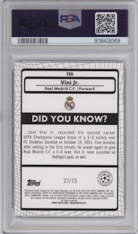 Vini Jr. from the 2021-22 Topps Merlin Chrome UEFA League set featuring a Blue Shimmer Refractor parallel graded by PSA and given an overall grade of 10.