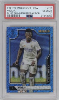 Vini Jr. from the 2021-22 Topps Merlin Chrome UEFA League set featuring a Blue Shimmer Refractor parallel graded by PSA and given an overall grade of 10.