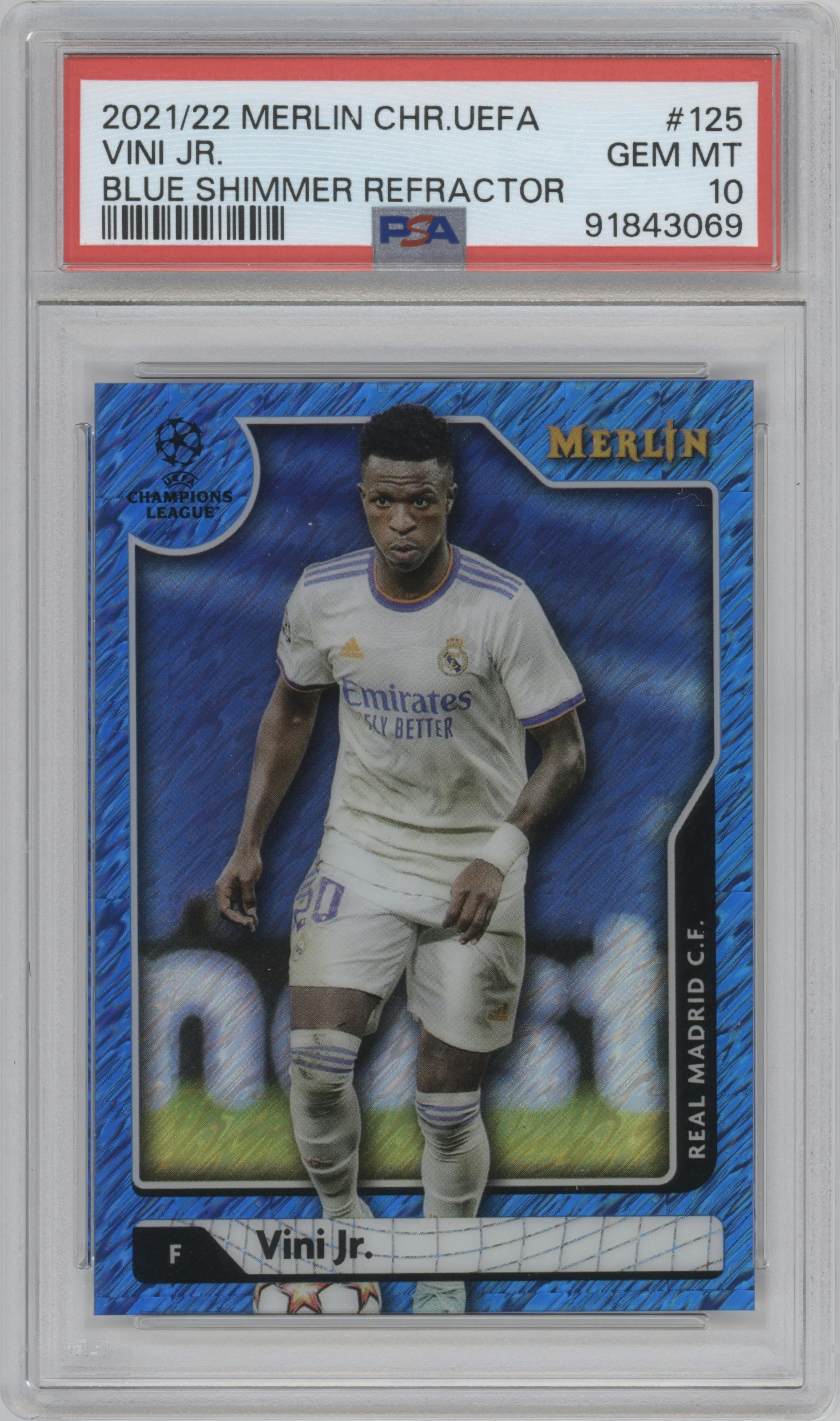 Vini Jr. from the 2021-22 Topps Merlin Chrome UEFA League set featuring a Blue Shimmer Refractor parallel graded by PSA and given an overall grade of 10.