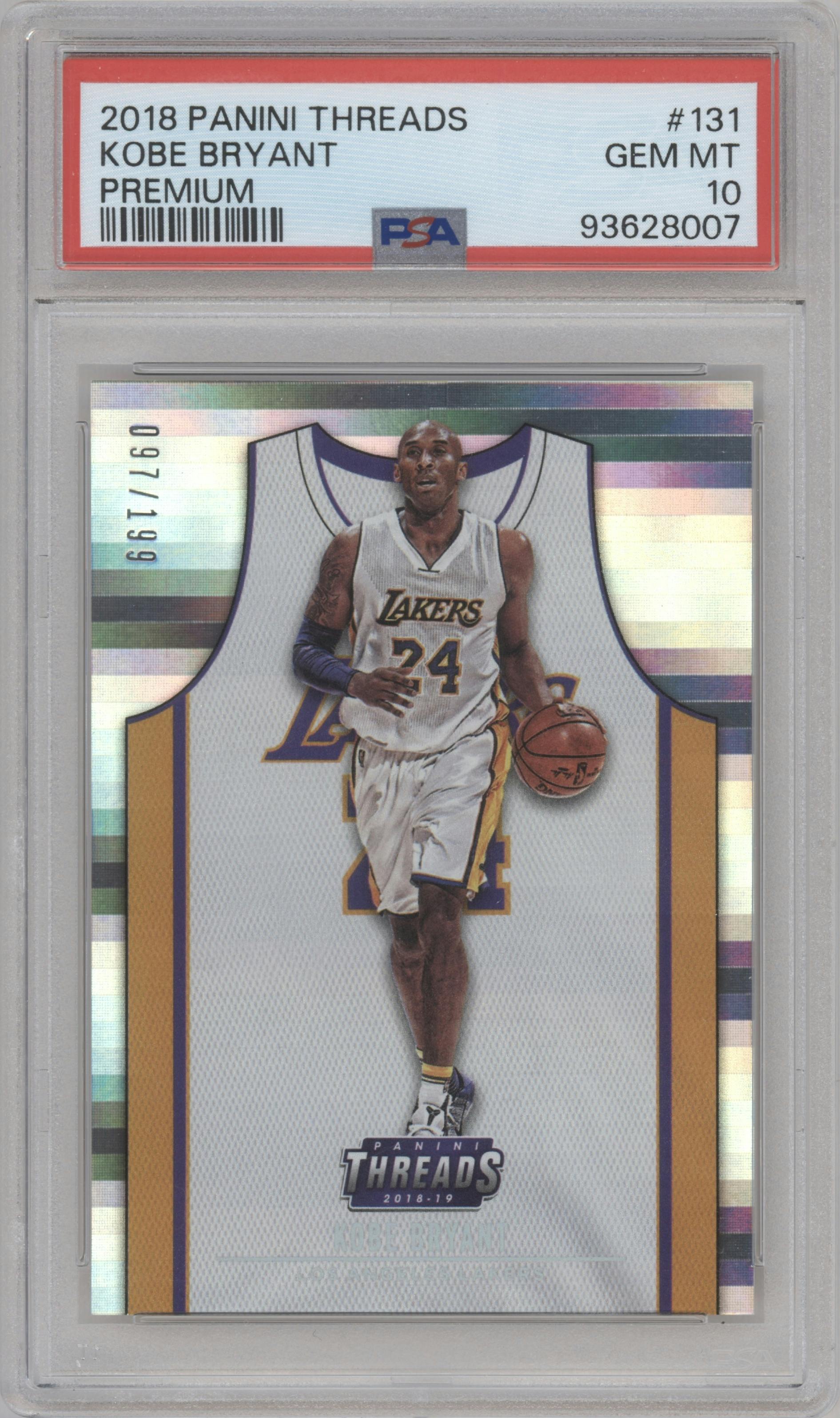Kobe Bryant from the 2018-19 Panini Threads  set featuring a Premium parallel graded by PSA and given an overall grade of 10.