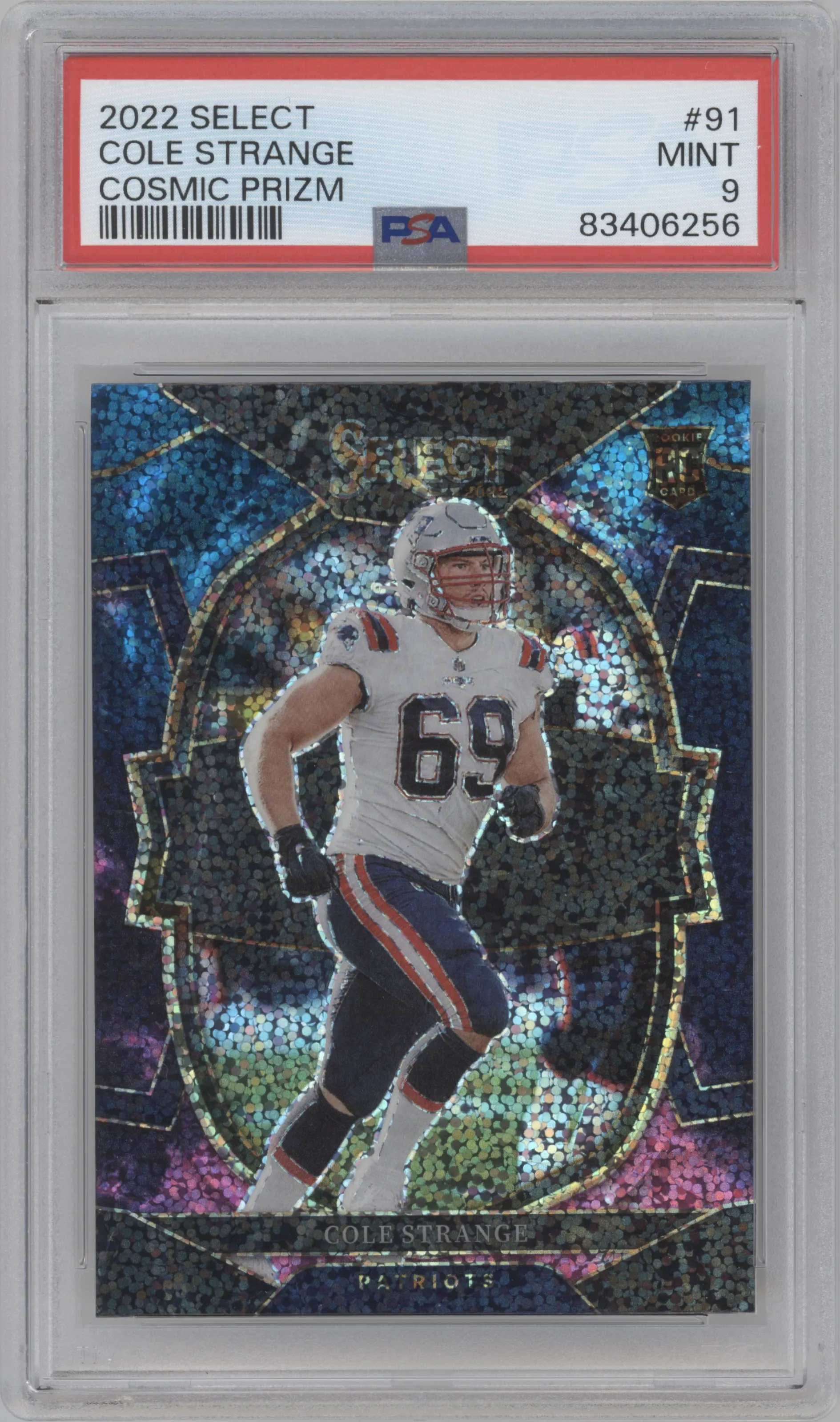 Cole Strange from the 2022 Panini Select set featuring a Cosmic parallel graded by PSA and given an overall grade of 9.