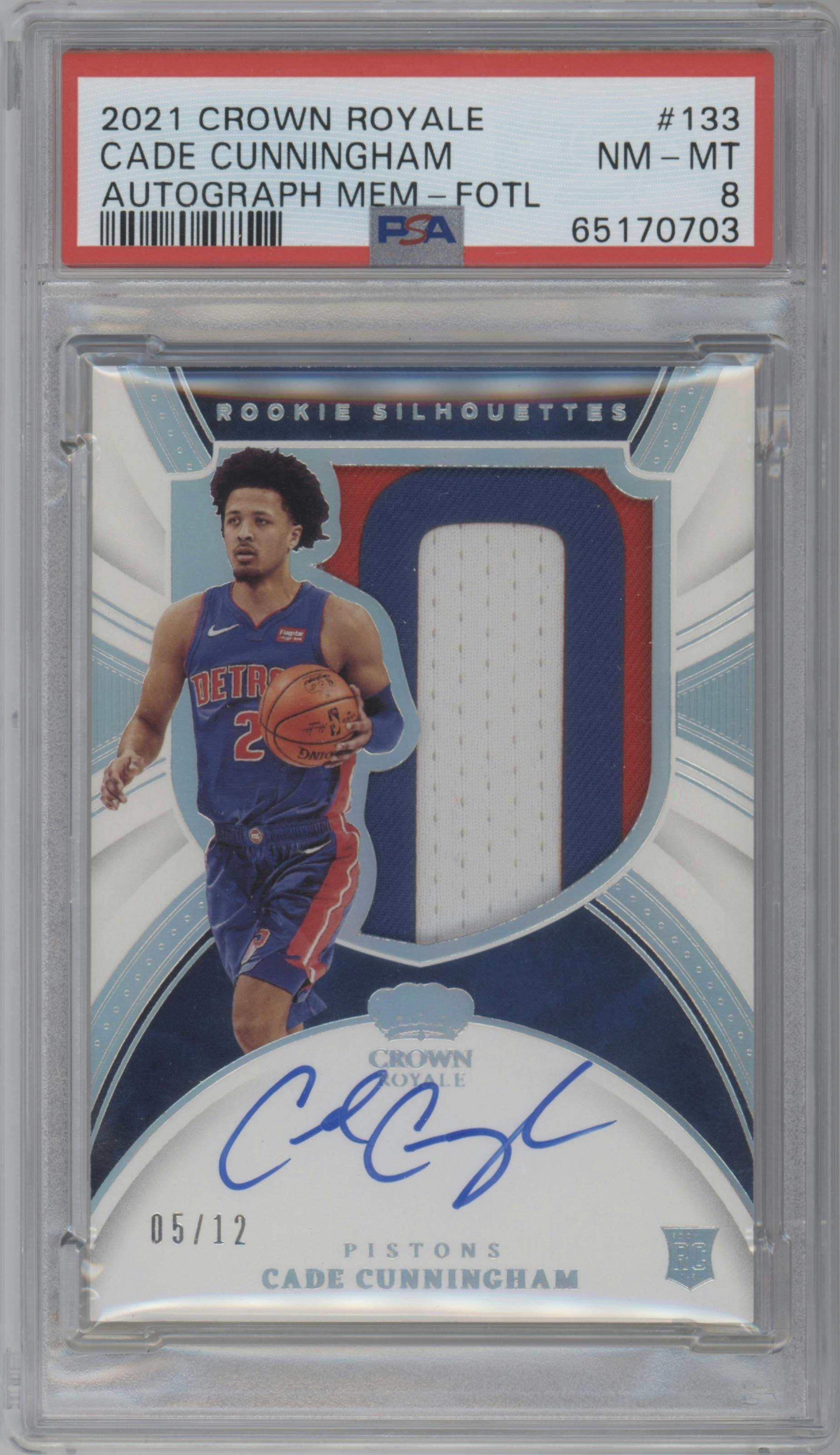 Cade Cunningham from the 2021-22 Crown Royale set featuring a FOTL parallel graded by PSA and given an overall grade of 8.
