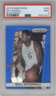 Bill Russell from the 2013-14 Panini Prizm set featuring a Blue Prizm parallel graded by PSA and given an overall grade of 9.