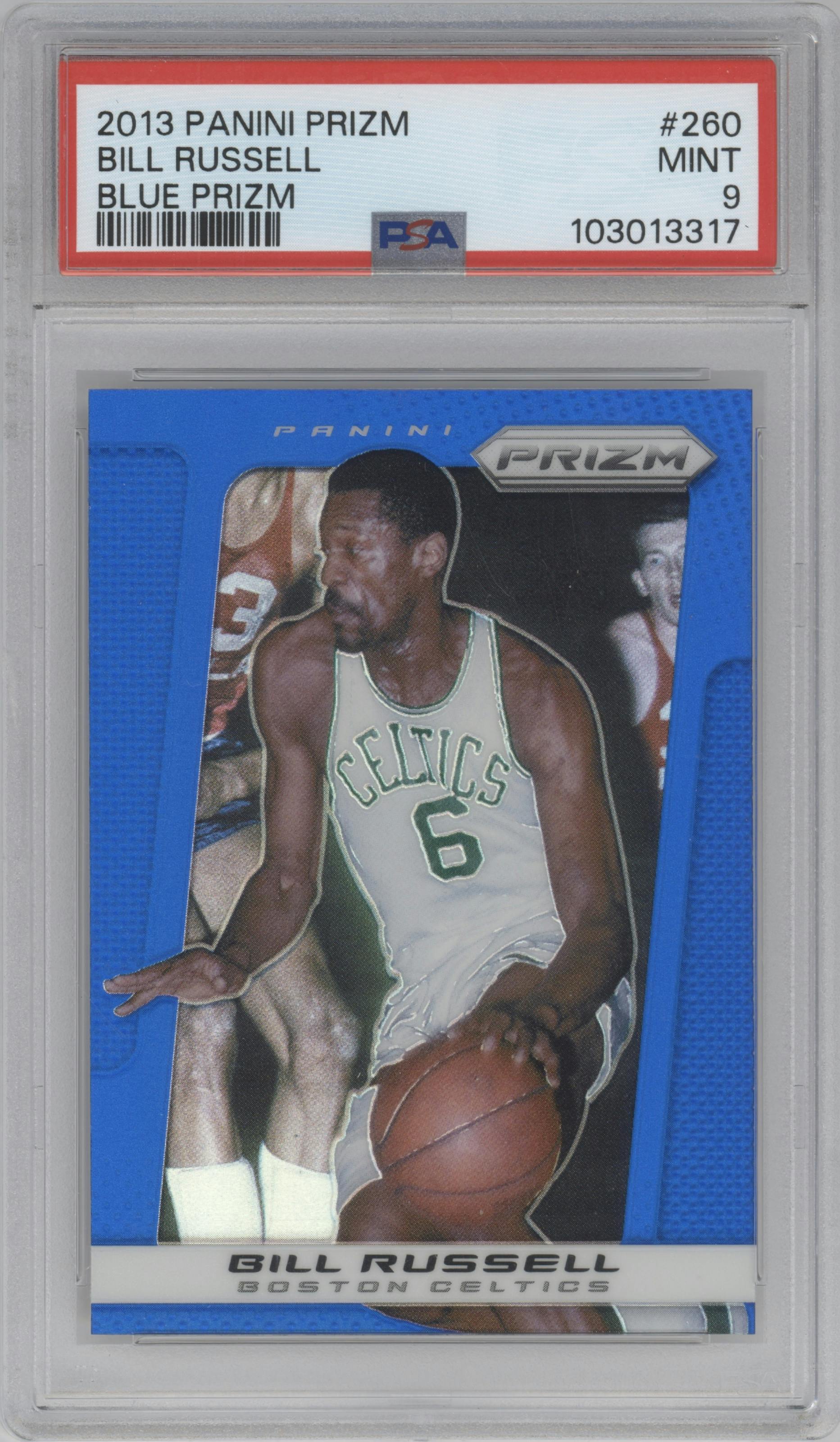 Bill Russell from the 2013-14 Panini Prizm set featuring a Blue Prizm parallel graded by PSA and given an overall grade of 9.