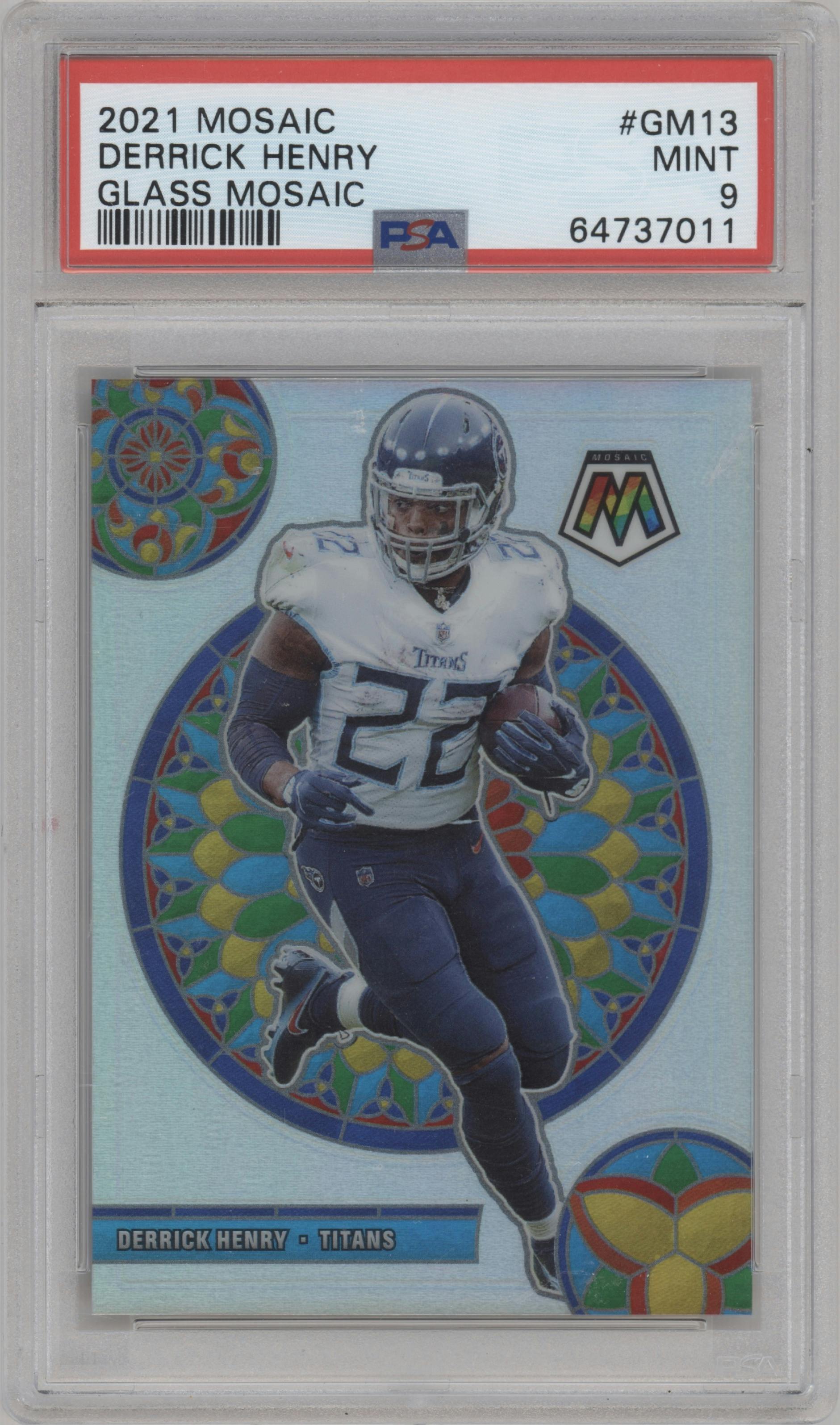 Derrick Henry from the 2021 Panini Mosaic set graded by PSA and given an overall grade of 9.