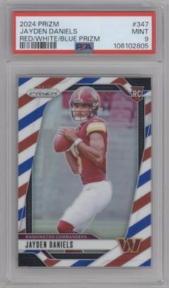 Jayden Daniels from the 2024 Panini Prizm set featuring a Red/White/Blue Prizm parallel graded by PSA and given an overall grade of 9.