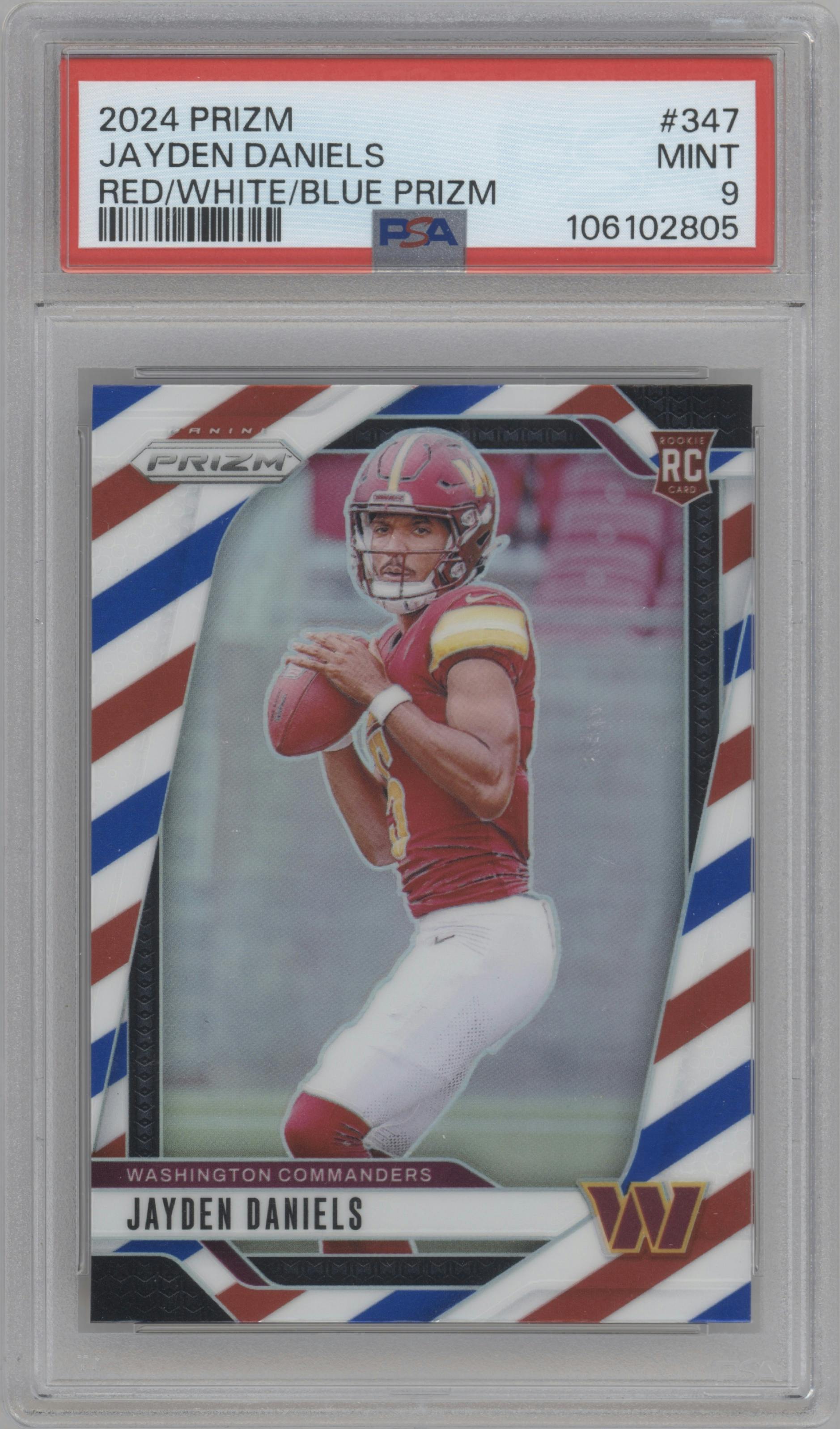 Jayden Daniels from the 2024 Panini Prizm set featuring a Red/White/Blue Prizm parallel graded by PSA and given an overall grade of 9.