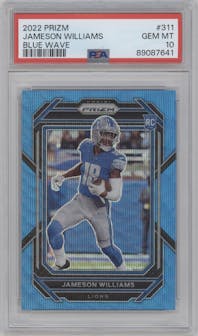 Jameson Williams from the 2022 Panini Prizm set featuring a Blue Wave parallel graded by PSA and given an overall grade of 10.