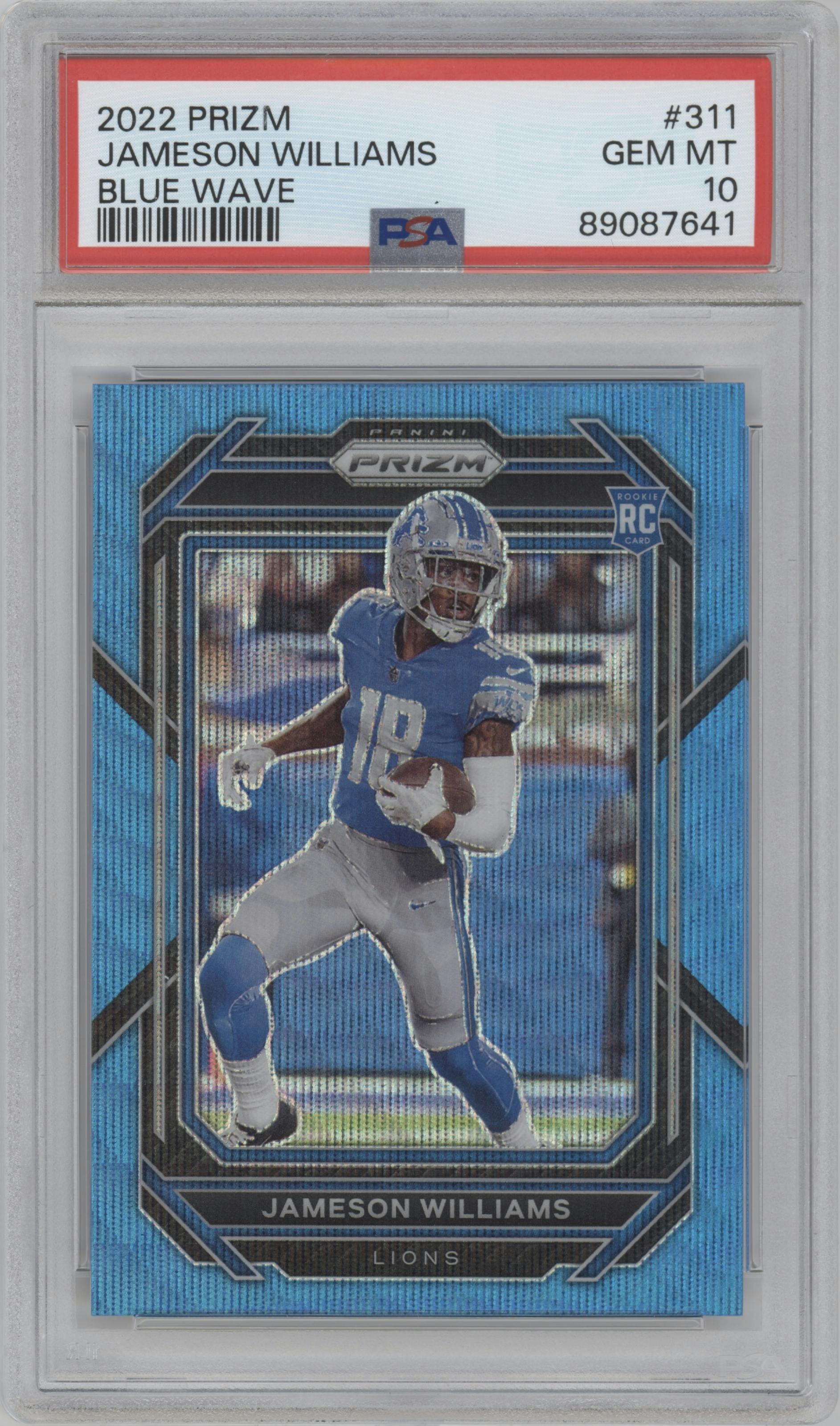 Jameson Williams from the 2022 Panini Prizm set featuring a Blue Wave parallel graded by PSA and given an overall grade of 10.