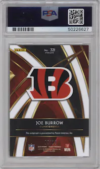 Joe Burrow from the 2019 Panini Select set featuring a Gold Prizm parallel graded by PSA and given an overall grade of 9.