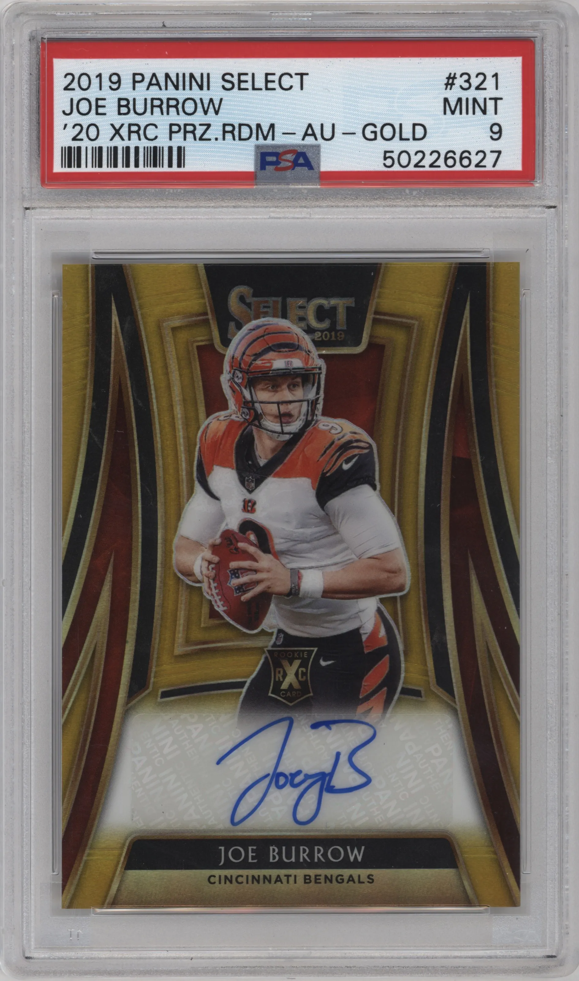 Joe Burrow from the 2019 Panini Select  set featuring a Gold Prizm parallel graded by PSA and given an overall grade of 9.