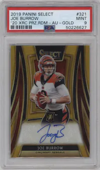 Joe Burrow from the 2019 Panini Select set featuring a Gold Prizm parallel graded by PSA and given an overall grade of 9.
