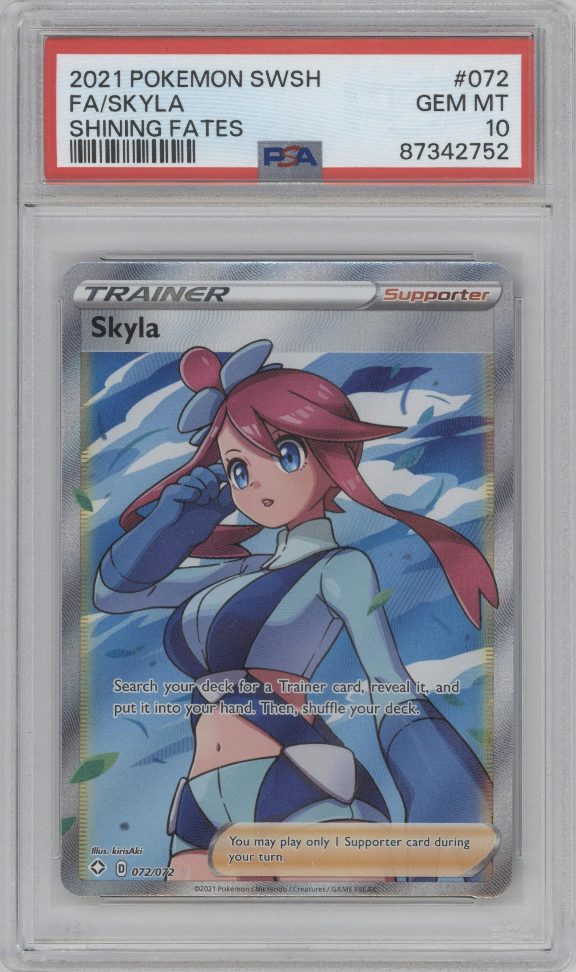 Skyla from the 2021 Pokemon SWSH set graded by PSA and given an overall grade of 10.