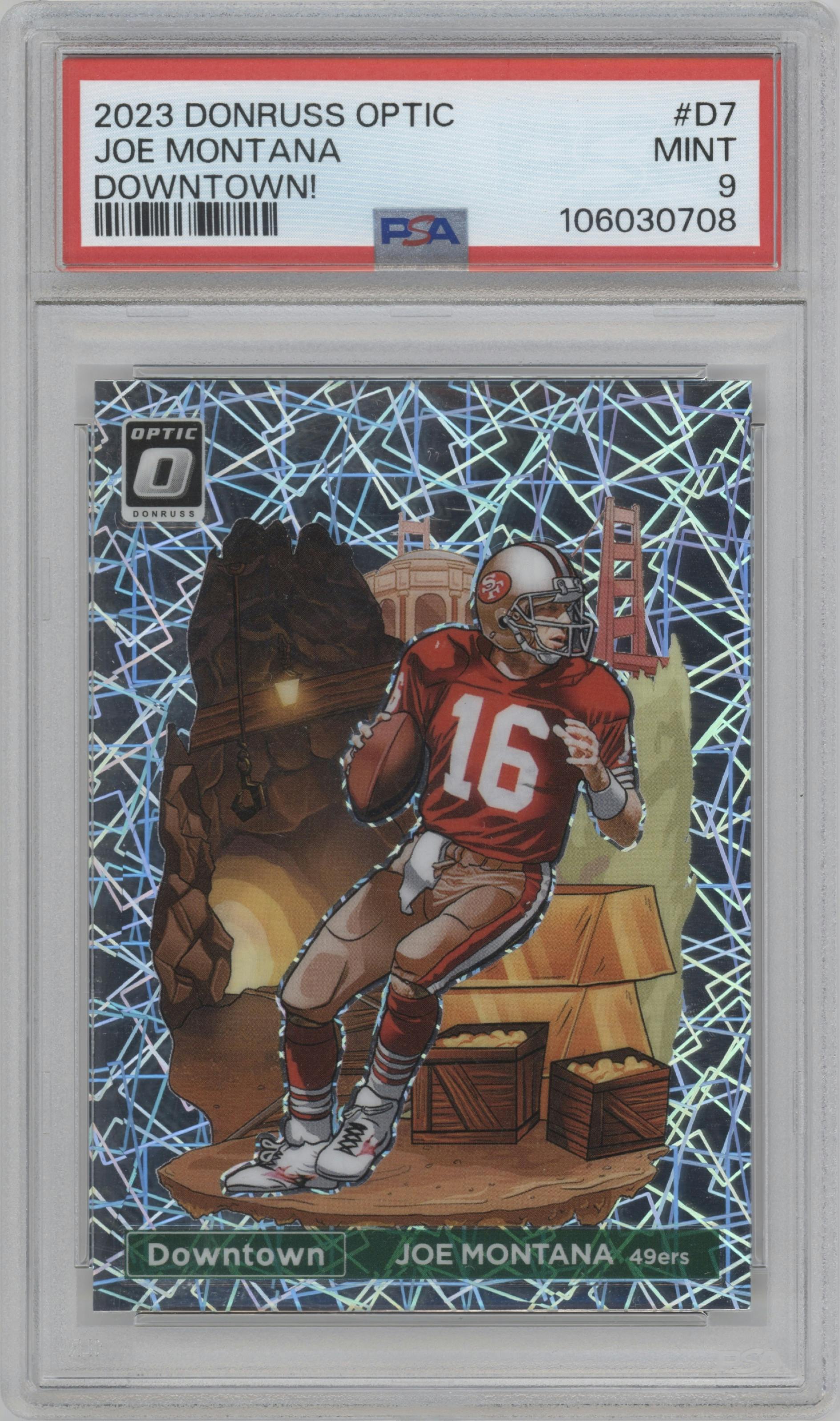 Joe Montana from the 2023 Donruss Optic set graded by PSA and given an overall grade of 9.