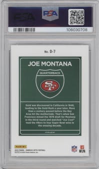 Joe Montana from the 2023 Donruss Optic set graded by PSA and given an overall grade of 9.