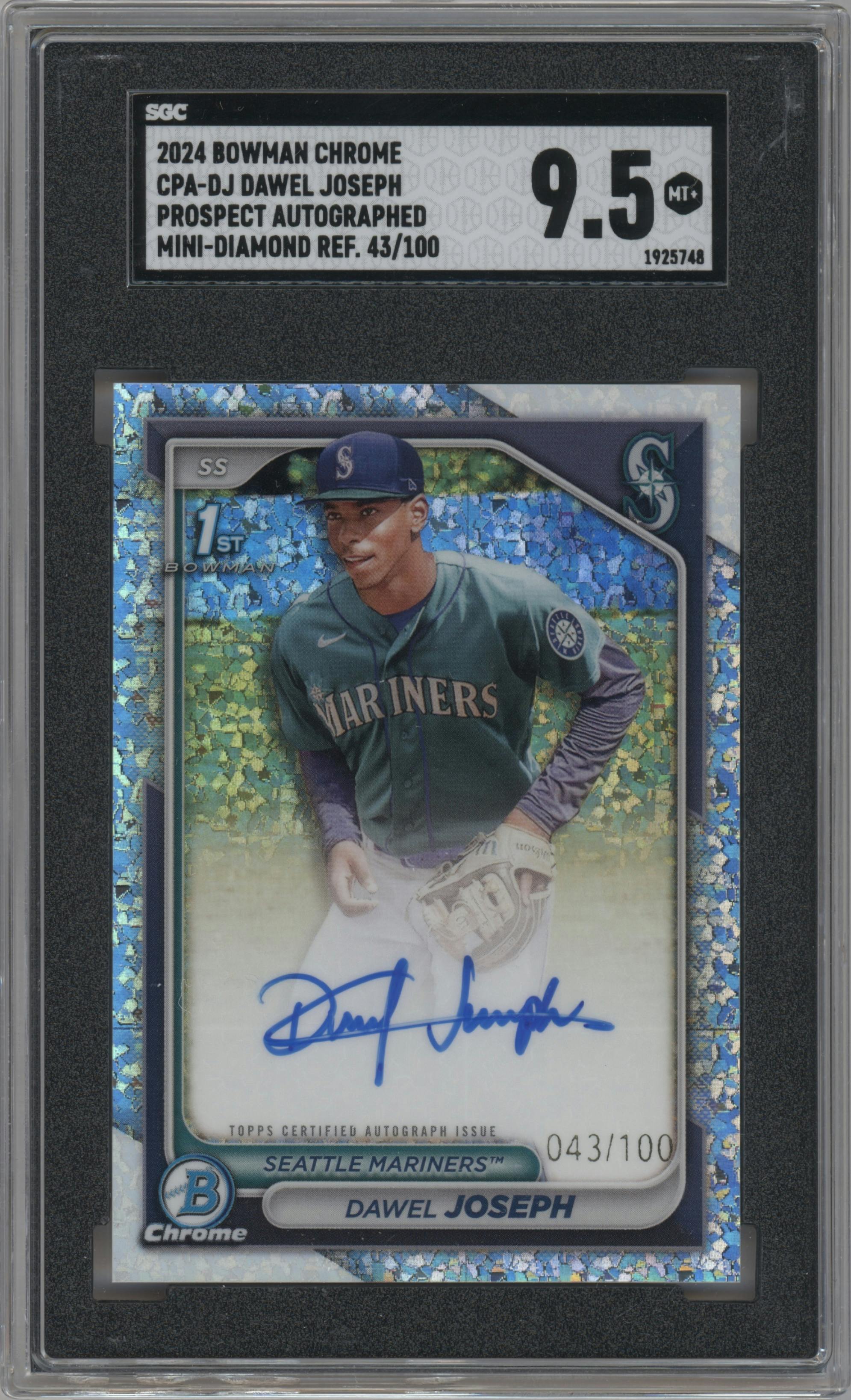 Dawel Joseph from the 2024 Bowman Chrome set featuring a Mini Diamond Refractor parallel graded by SGC and given an overall grade of 9.5.