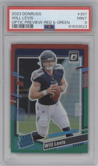 Will Levis from the 2023 Panini Donruss set featuring a Red & Green parallel graded by PSA and given an overall grade of 9.