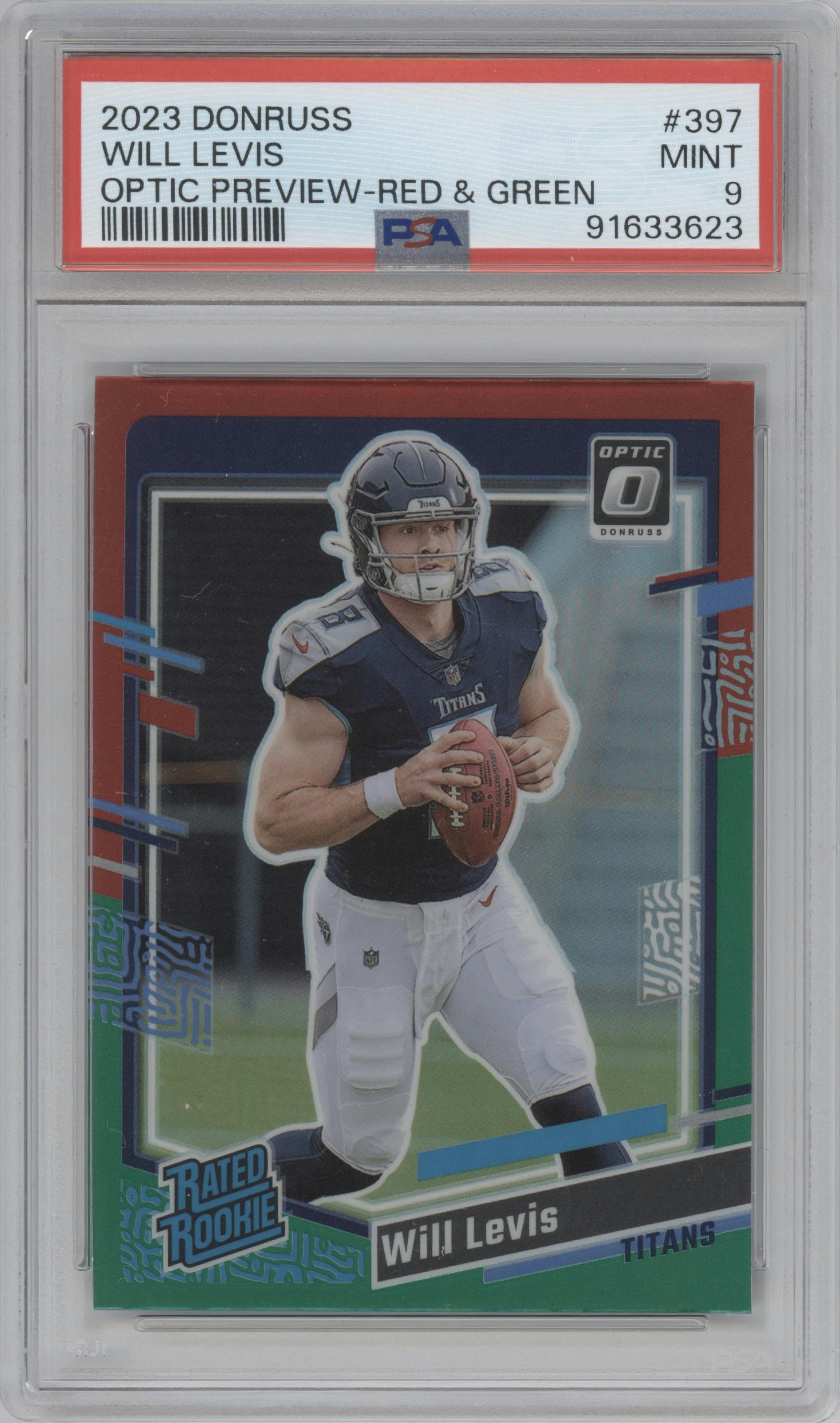 Will Levis from the 2023 Panini Donruss set featuring a Red & Green parallel graded by PSA and given an overall grade of 9.