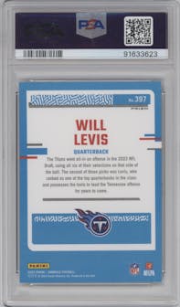 Will Levis from the 2023 Panini Donruss set featuring a Red & Green parallel graded by PSA and given an overall grade of 9.