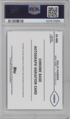 Malik Nabers from the 2024 Topps Chrome set featuring a Aqua Sonar Refractor parallel graded by PSA and given an overall grade of 10.