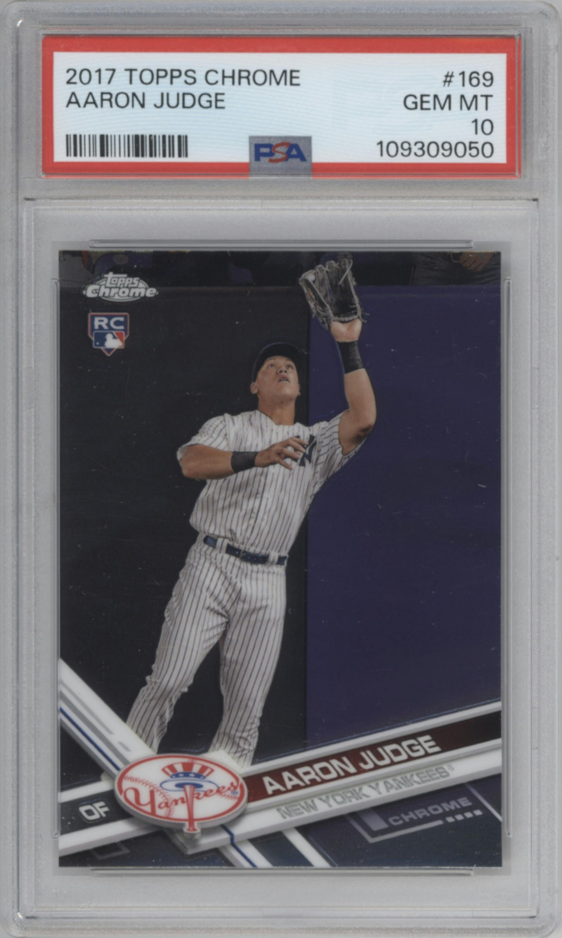 Aaron Judge from the 2017 Topps Chrome set graded by PSA and given an overall grade of 10.