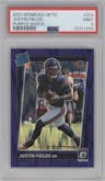 Justin Fields from the 2021 Panini Donruss Optic set featuring a Purple Shock parallel graded by PSA and given an overall grade of 9.