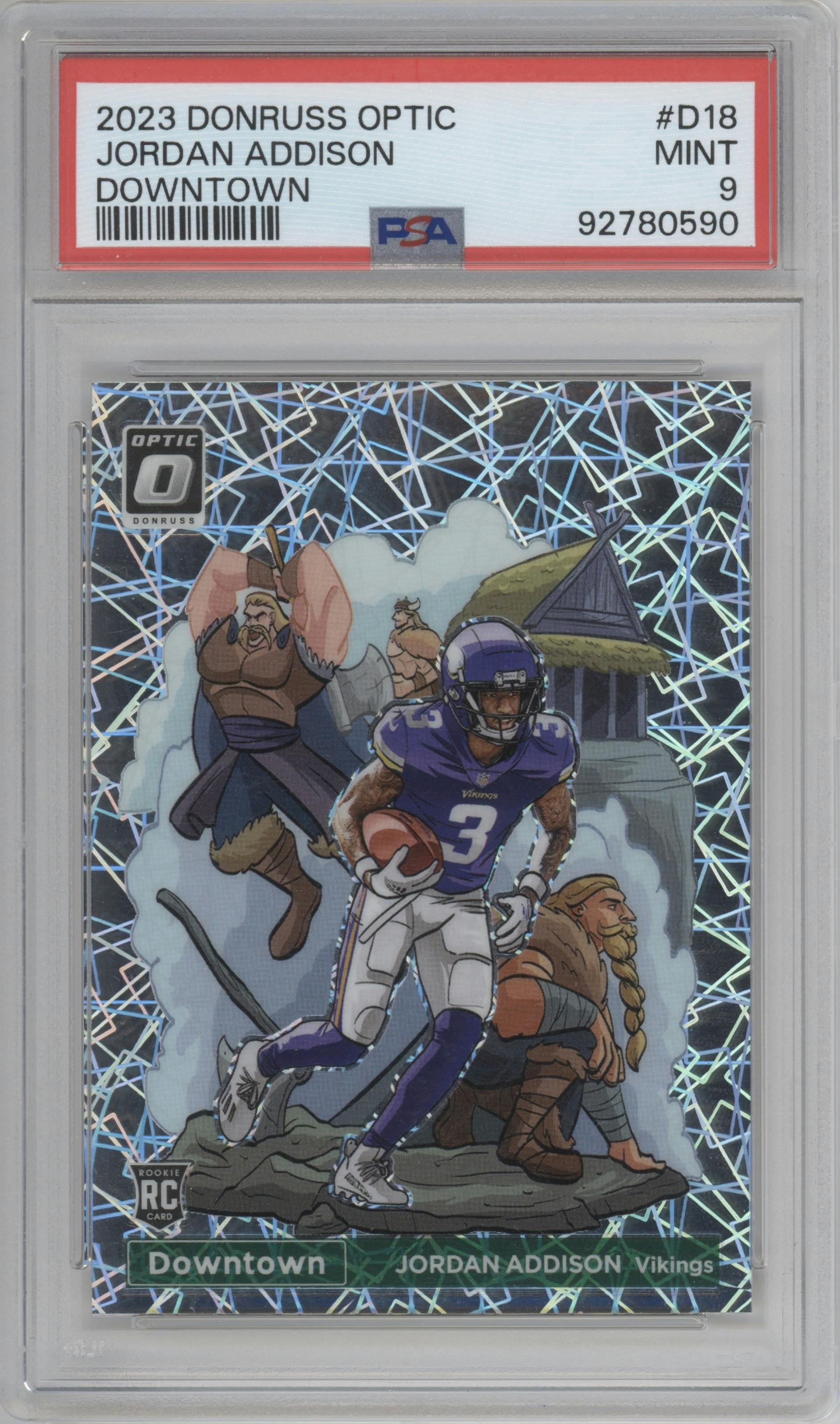 Jordan Addison from the 2023 Donruss Optic set graded by PSA and given an overall grade of 9.