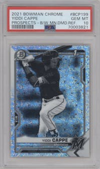 Yiddi Cappe from the 2021 Bowman Chrome set featuring a Black & White Mini-Diamond Refractor  parallel graded by PSA and given an overall grade of 10.