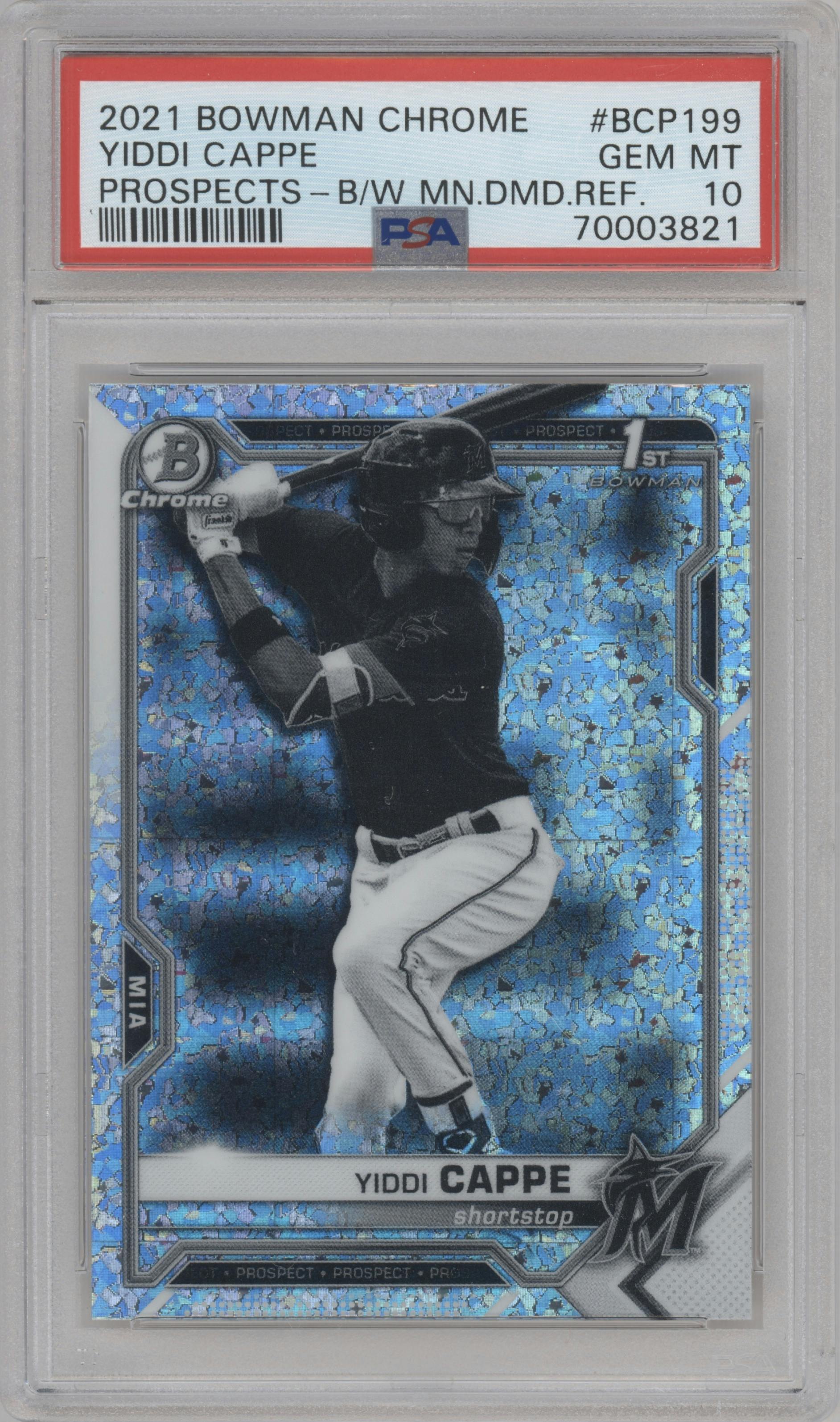 Yiddi Cappe from the 2021 Bowman Chrome set featuring a Black & White Mini-Diamond Refractor  parallel graded by PSA and given an overall grade of 10.