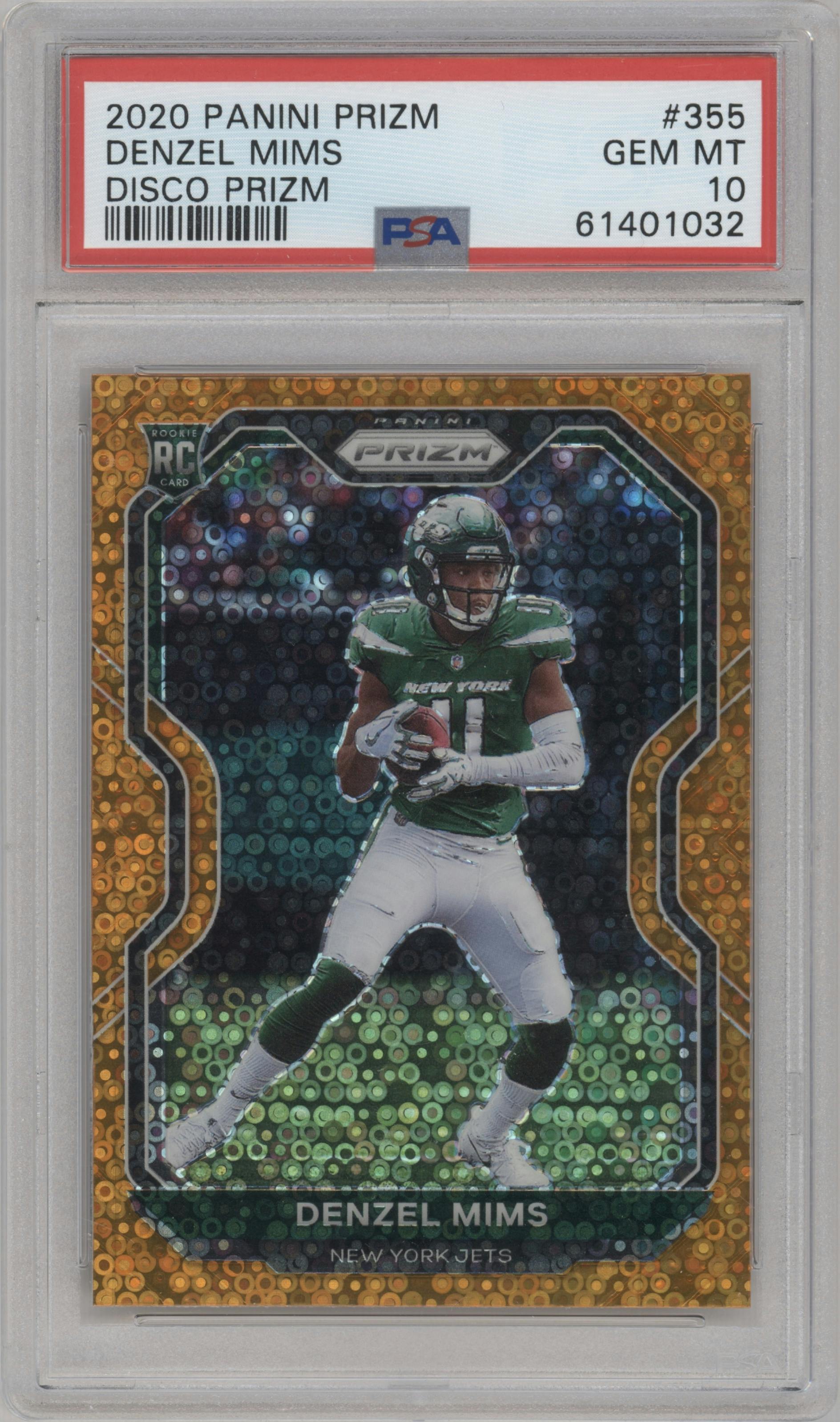 Denzel Mims from the 2020 Panini Prizm set featuring a Disco parallel graded by PSA and given an overall grade of 10.