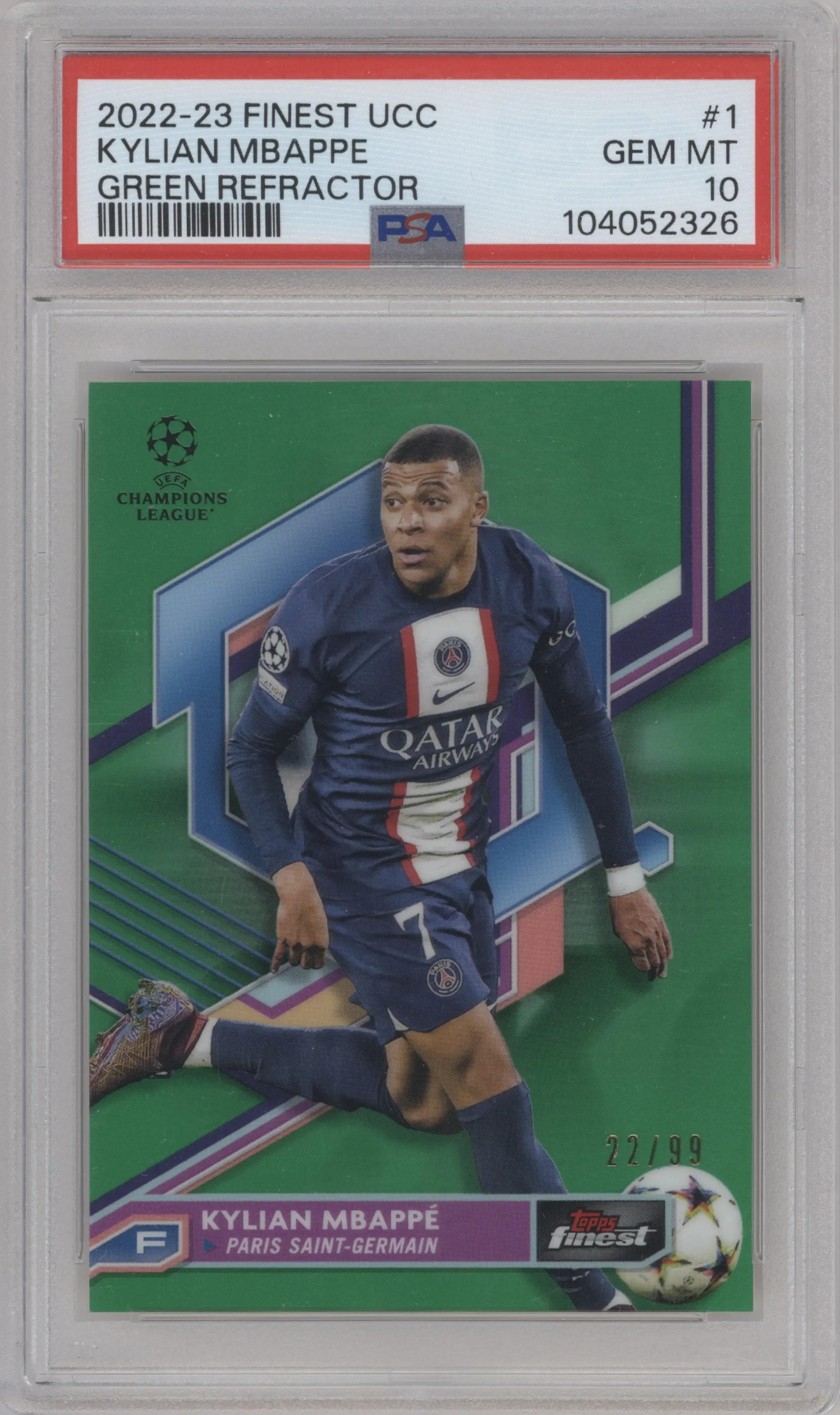 2022 Topps Finest UEFA Club Competitions Kylian Mbappe Green Refractor #1 PSA 10